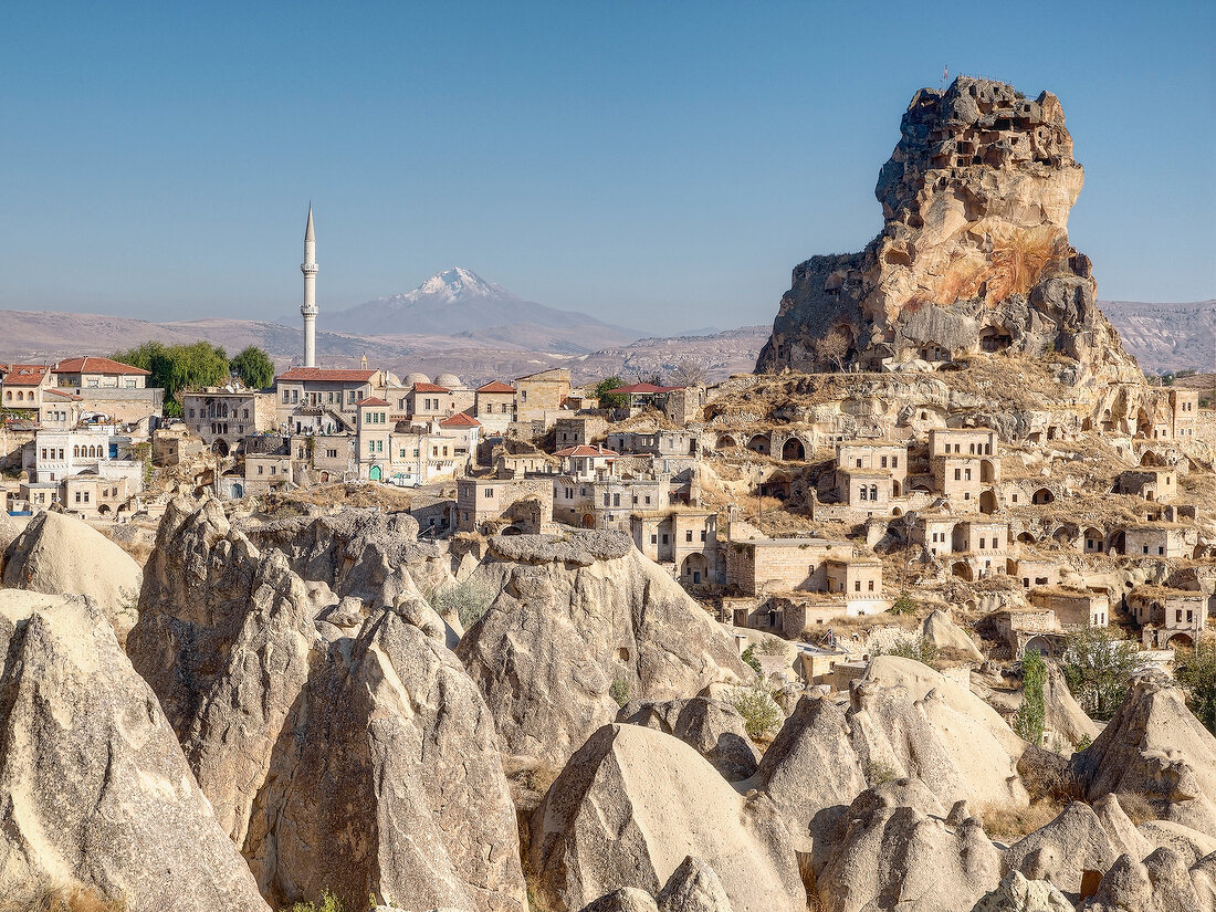 Elevated view of Cappadocia and Anatolia Erciyes Dagi from Ortahisar, Turkey