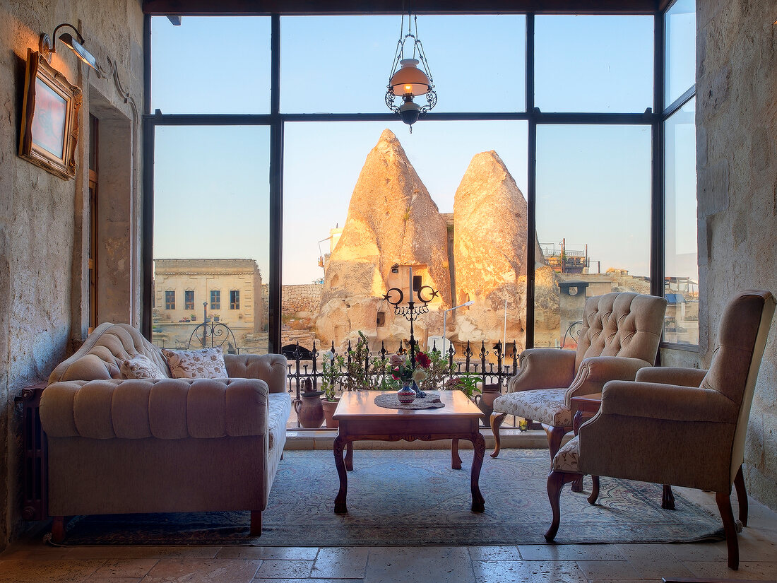 Sofa and chairs inside Hotel Sultan Cave Suites, Goreme, Cappadocia, Turkey