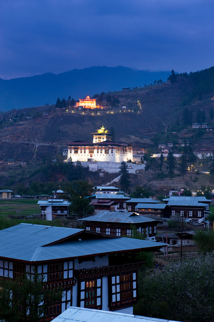 Night view of town and Paro valley, Bhutan