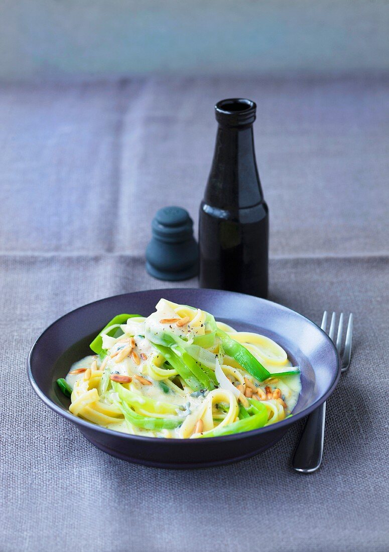 Tagliatelle with leek, Gorgonzola sauce and pine nuts