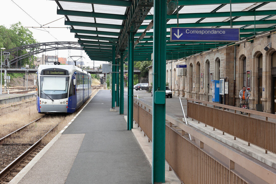 Train arriving at Saarbahn station at Sarreguemines, Lorraine, France