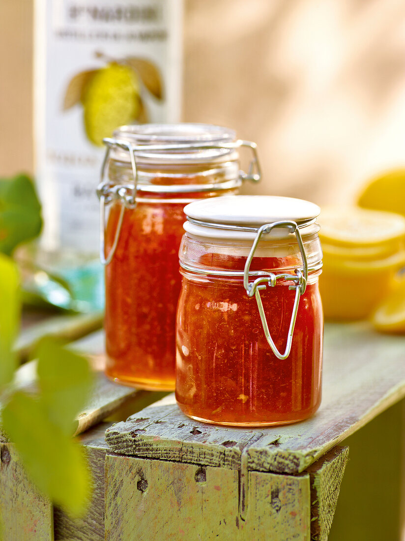 Close-up of lemon marmalade in jars
