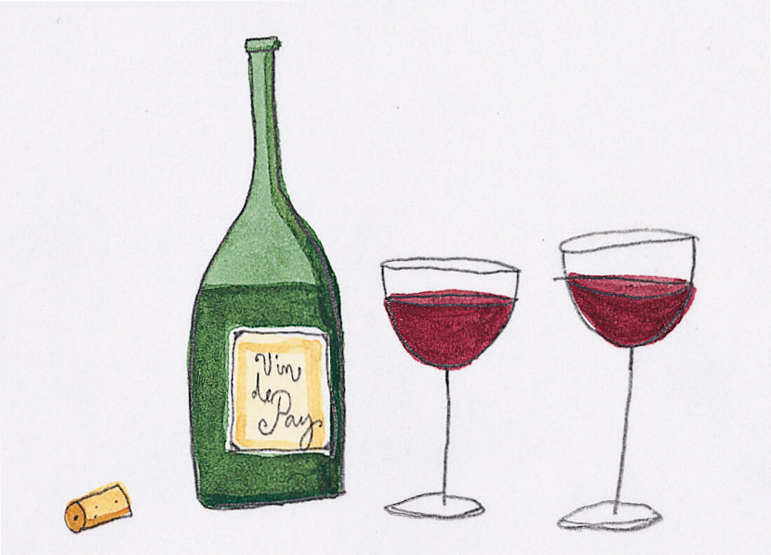 Illustration, Weinflasche, Weinglas Rotwein, Rotweinglas, Rotweinflasche