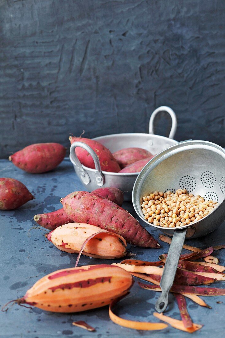 An arrangement of sweet potatoes and chickpeas