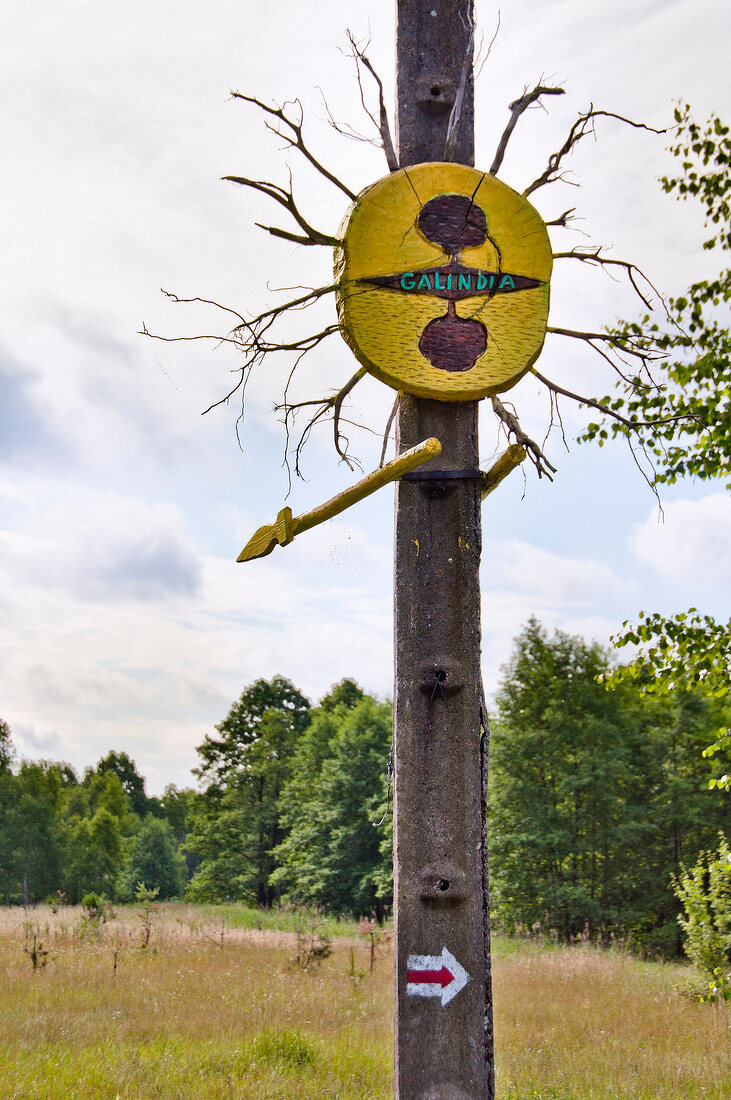 Sign board in Galindia Mazurski Eden, Mikolajki, Warmian-Masurian Voivodeship, Poland