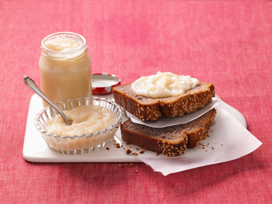 Gluten-free bread and pear jam with marzipan