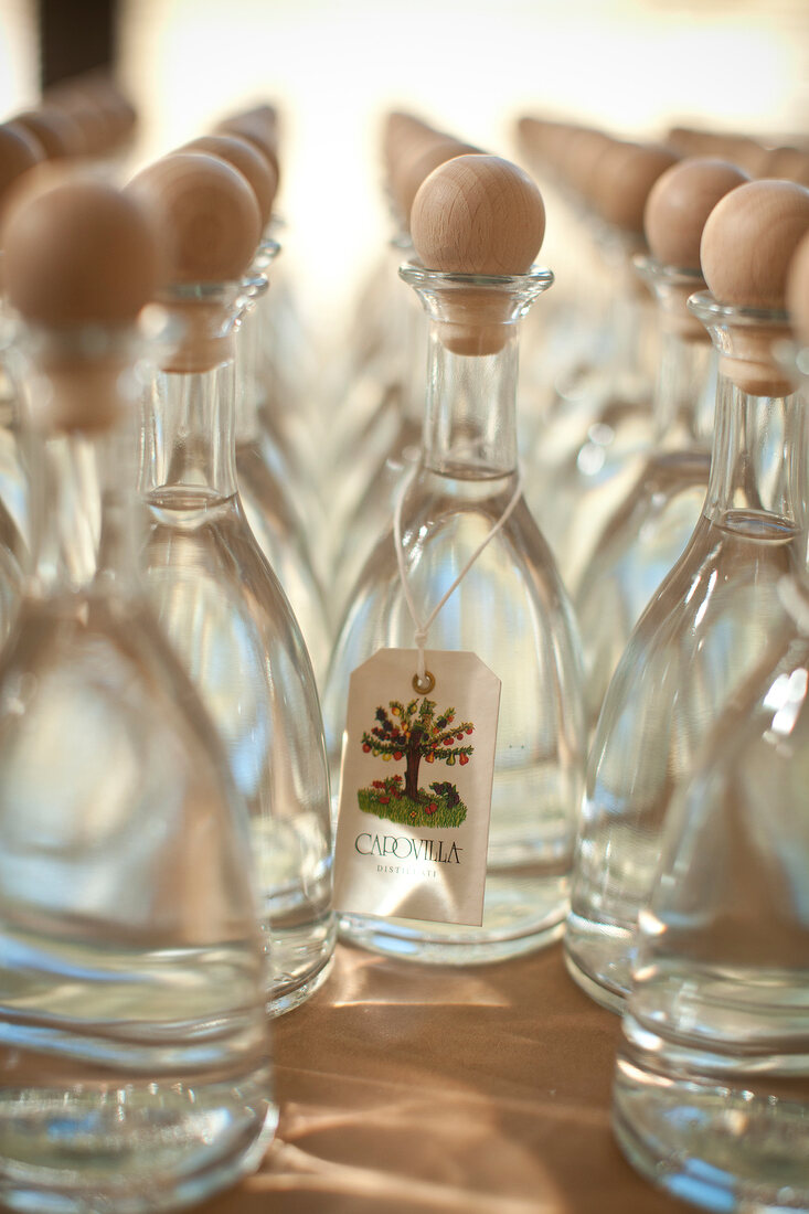 Glass liquor bottles with fruit brandy