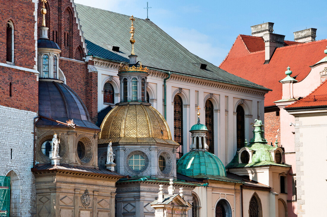 View of domes of Wawel Royal Castle in Krakow, Poland