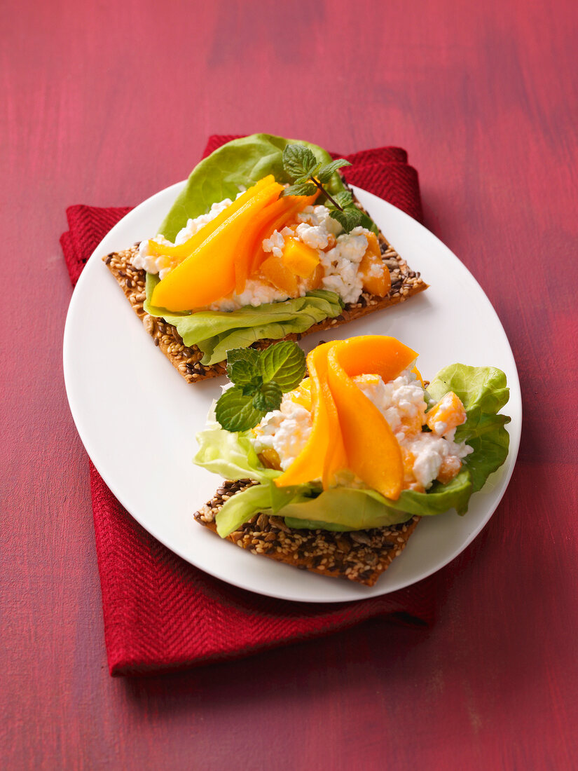 Cottage cheese with mango slices on plate