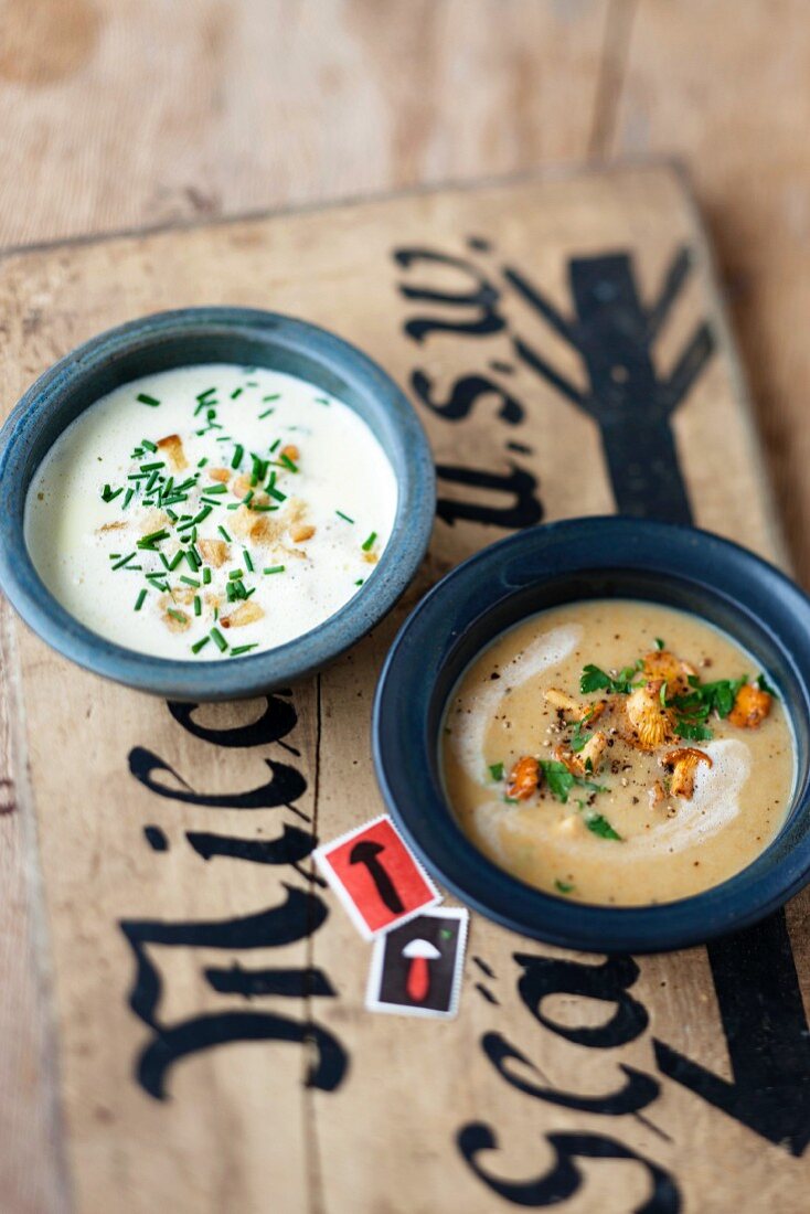 Cheese soup and chanterelle mushroom soup (Austria)