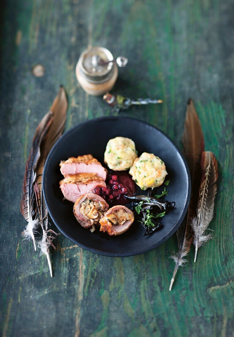 Pheasant with mushrooms and parsley dumplings