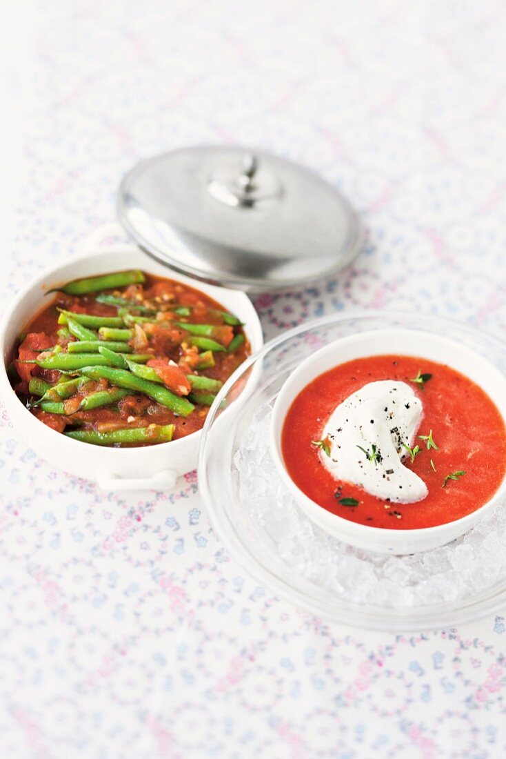 Green beans with tomatoes and cold tomato soup