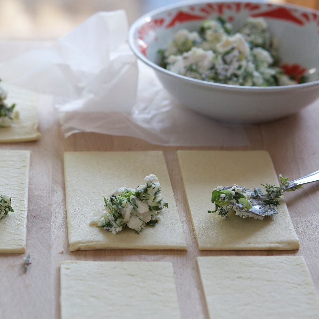 Cheese mixture placed in dough, step 1