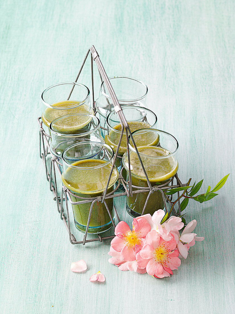 Glasses of green smoothies for better luck in love