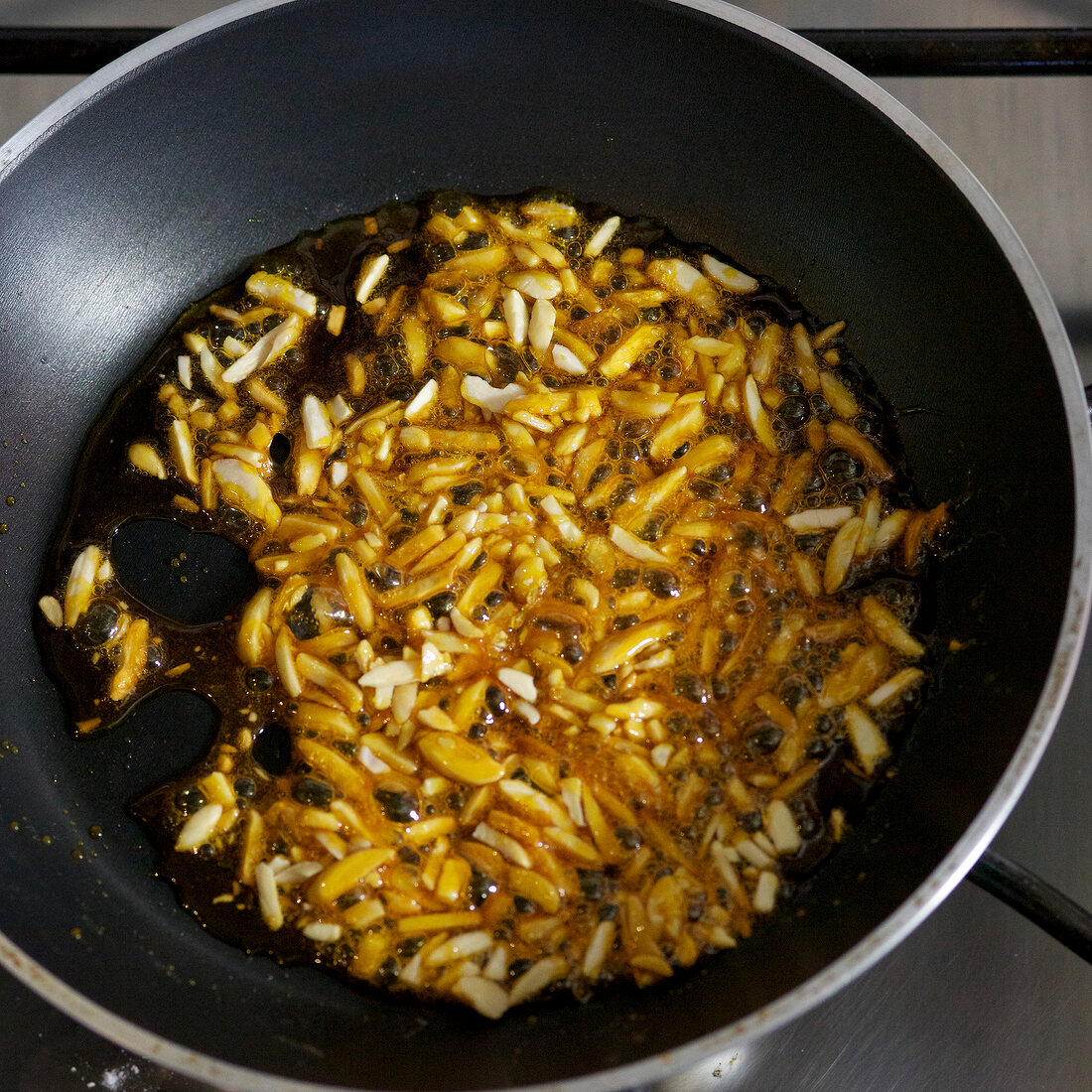 Close-up of caramelize almonds, step 2