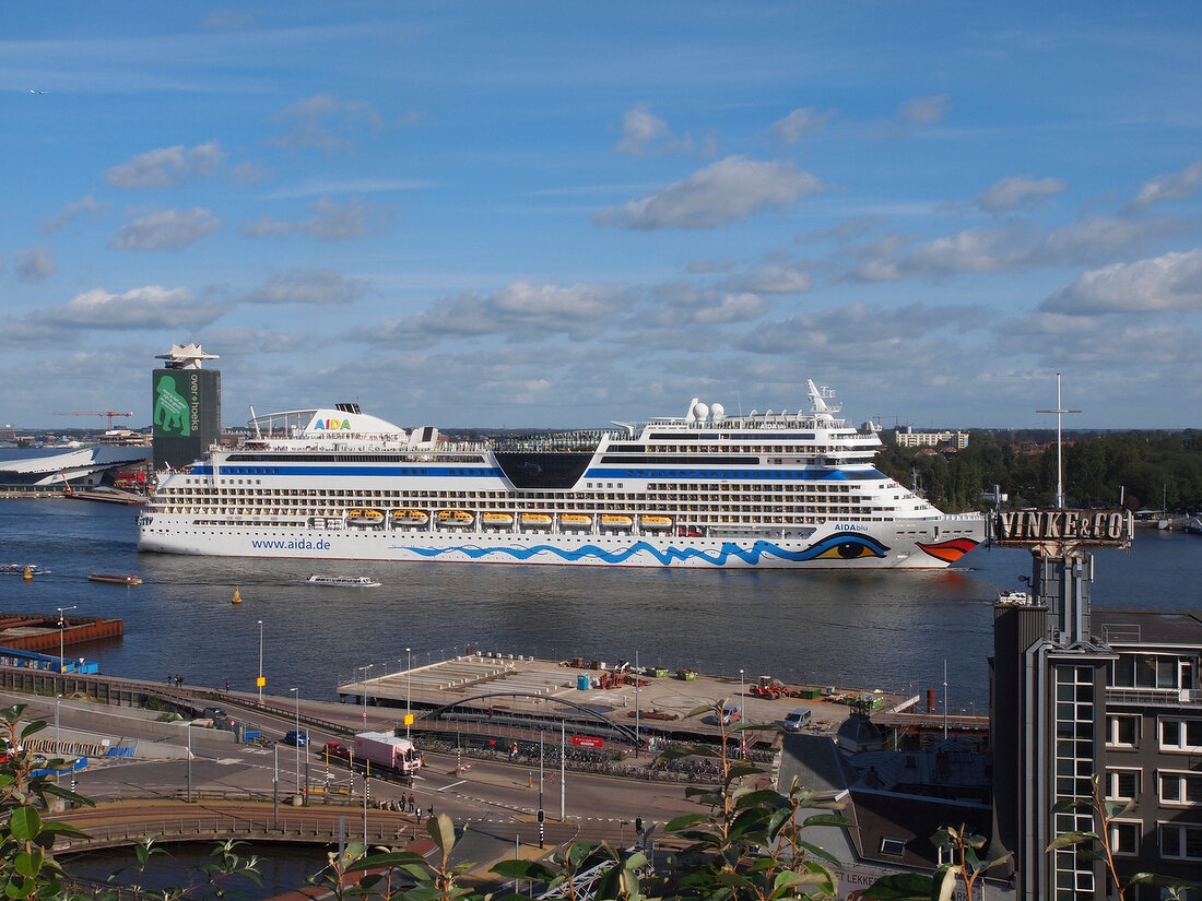 View of Aida cruise ship at the IJ harbour, Amsterdam, Netherlands