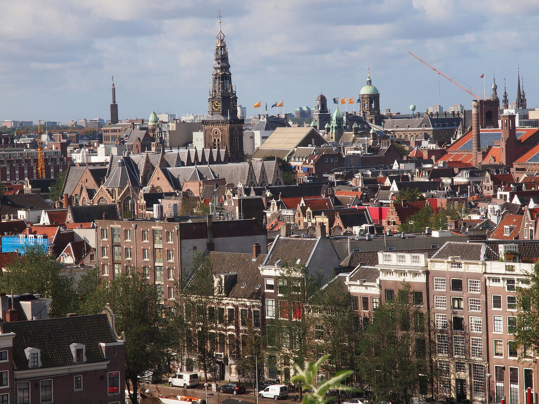 View of cityscape and Oude Kerk in Old Town, Amsterdam, Netherlands