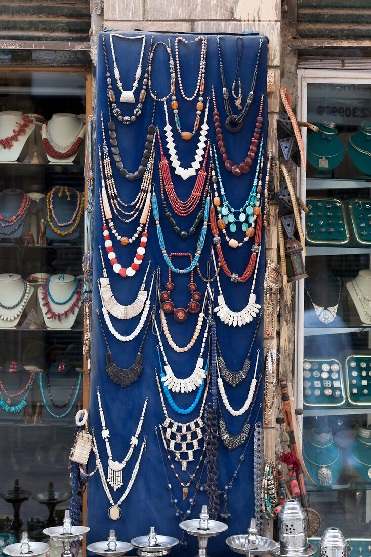 Different jewellery displayed in a shop at market, Egypt