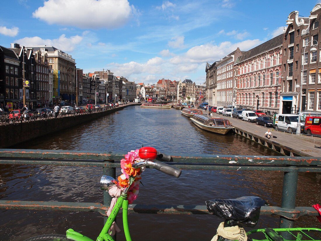 View of canal houses and canal in Nieuwmarkt, Amsterdam, Netherlands