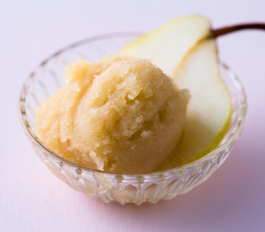Close-up of pear sorbet in glass bowl
