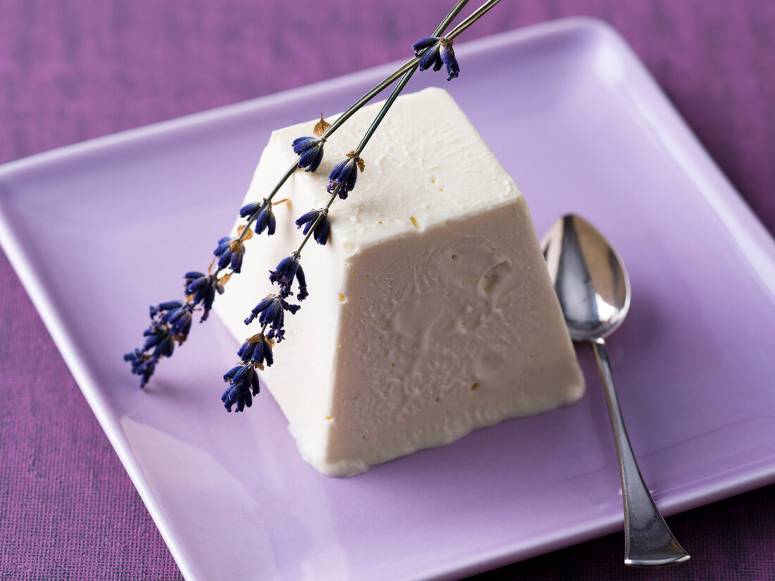 Honey parfait with lavender on square plate