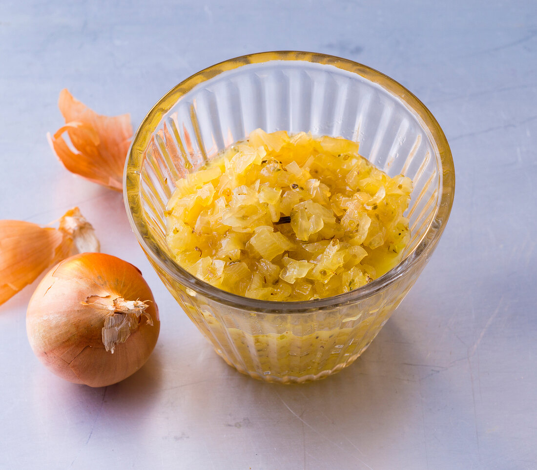 Glass bowl of onion marmalade 