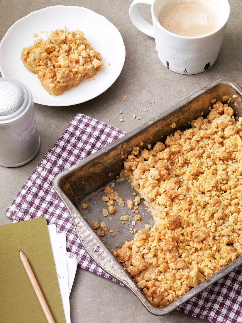 Apple crumble on baking dish