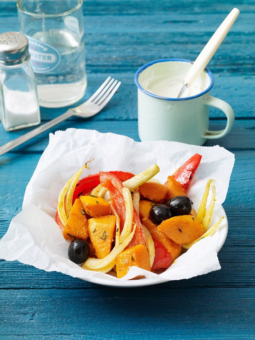 Oven roasted vegetables with tzatziki