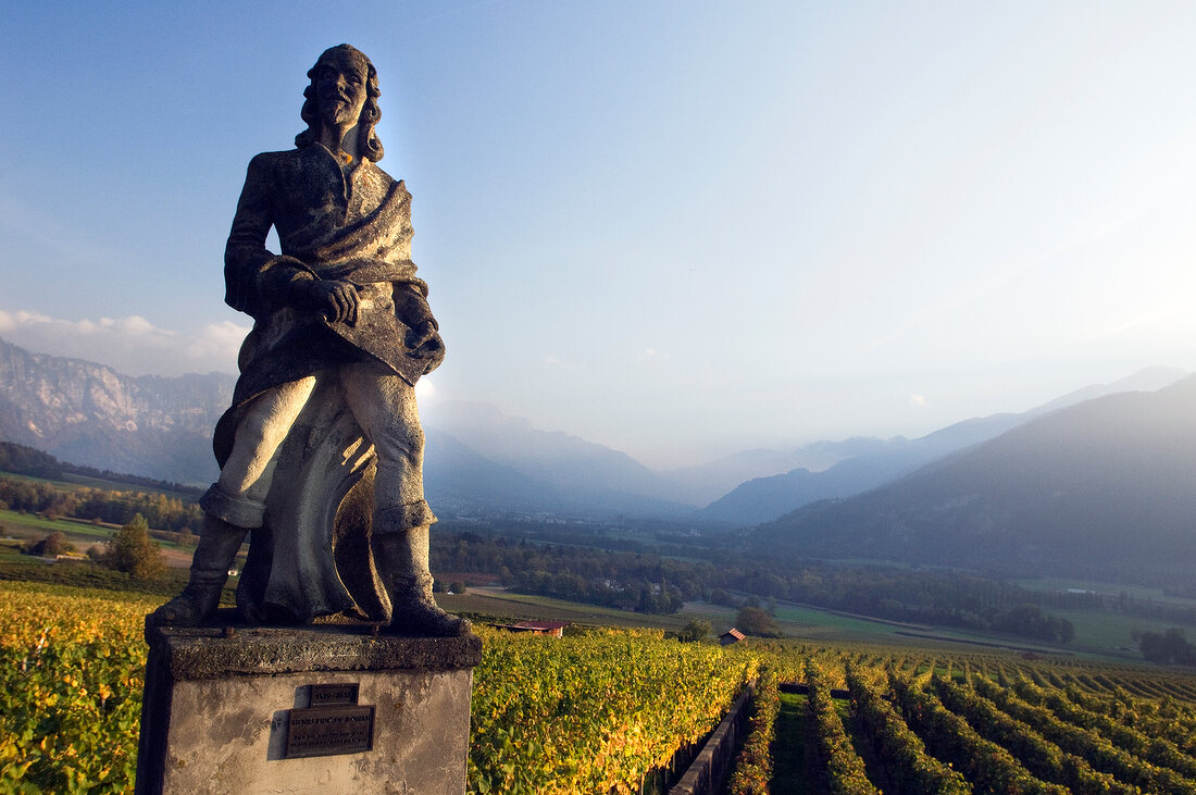 Statue of Duc de Rohan and vineyards in Graubunden, Switzerland