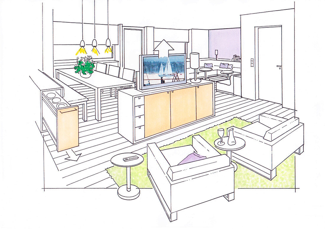 Illustration of dining area and living room with television and sitting area