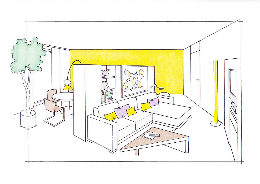 Illustration of diagonal living room, dining room and lounge area