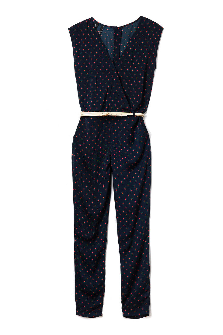 Close-up of floral patterned jumpsuit with narrow belt on white background
