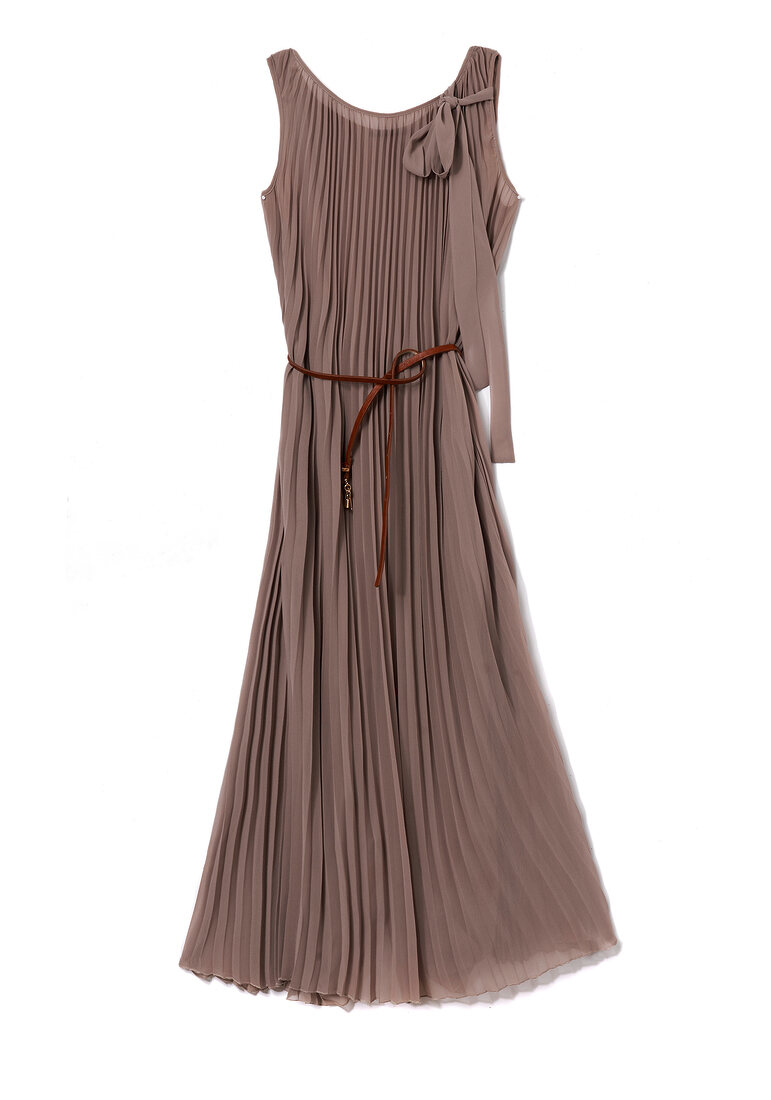 Close-up of pleated dress with bow taupe and belt on white background