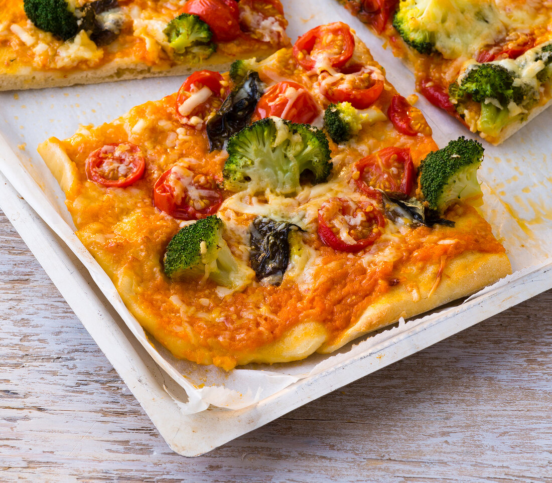 Close-up of broccoli pizza
