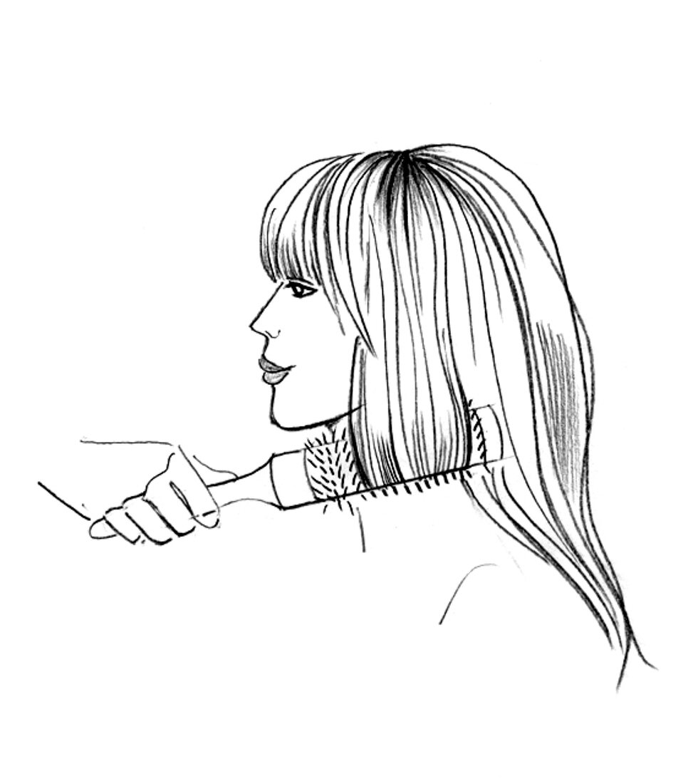 Illustration, Haarstyling, Haare, föhnen, Bürste, Rundbürste, Step 1