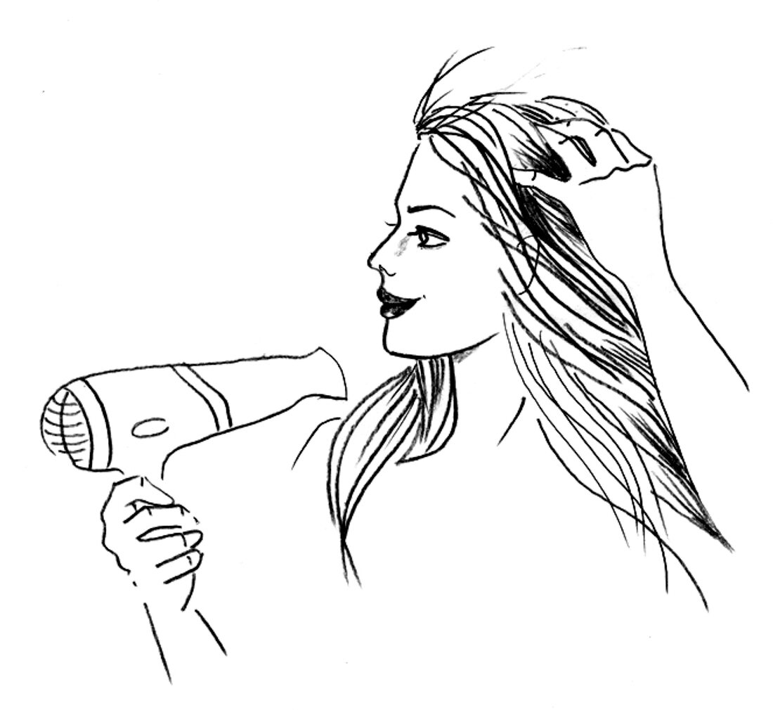 Illustration, Haarstyling, Haare, föhnen, trocknen, Föhn, Step 1