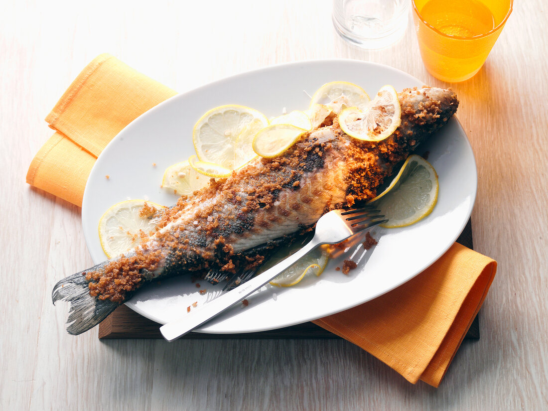 Fried perch on plate