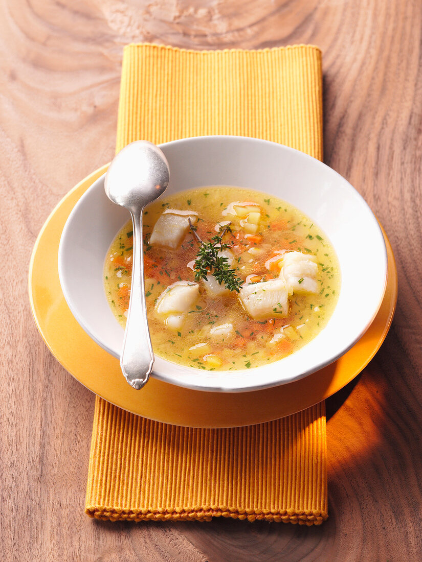 Fish soup in serving bowl