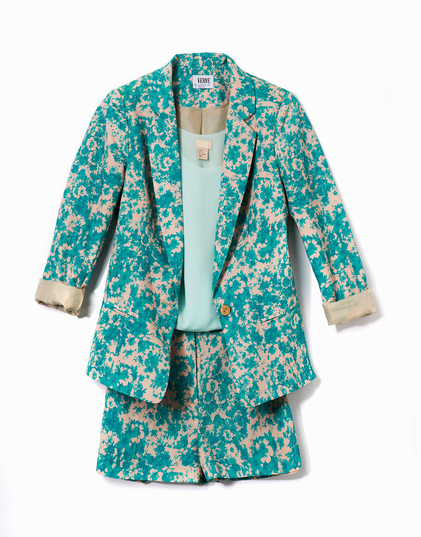 Floral pattern turquoise suit and teal tank top on white background