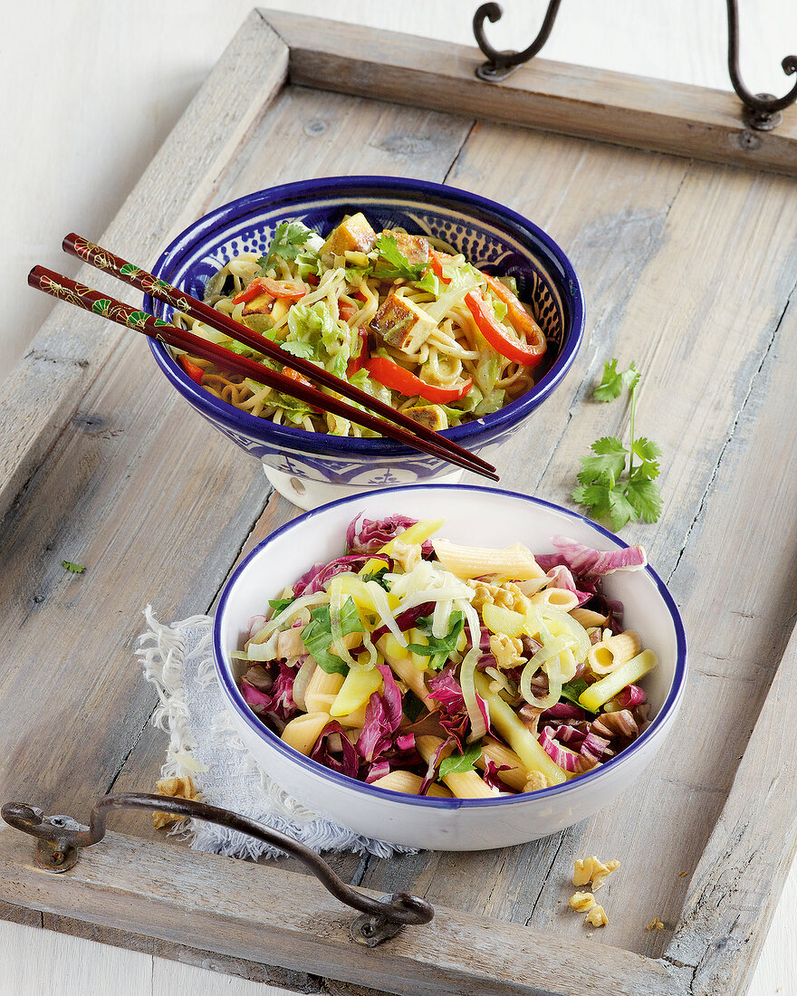 Noodles with tofu and penne with radicchio in bowls