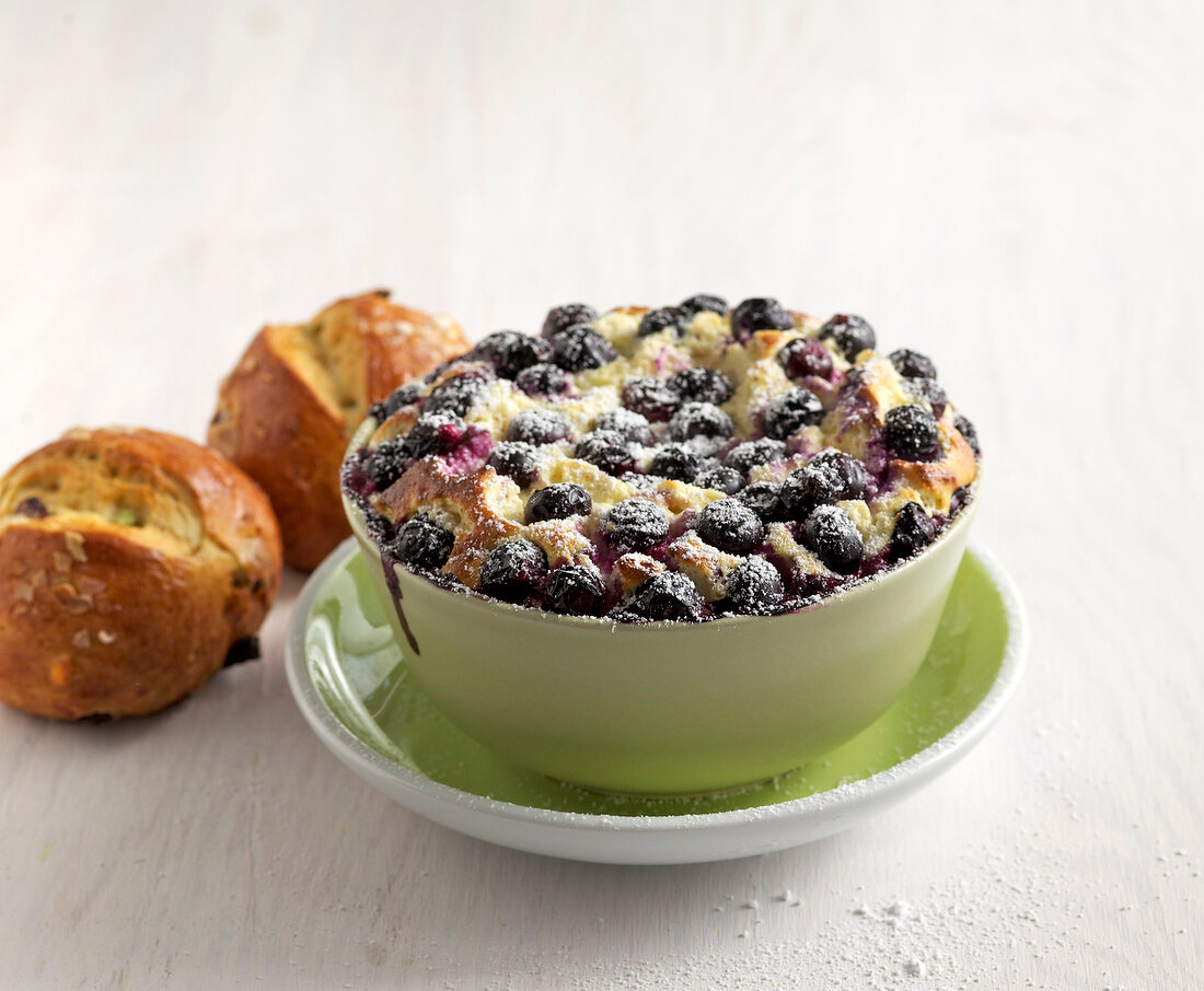 Cottage cheese souffle with blueberries in bowl