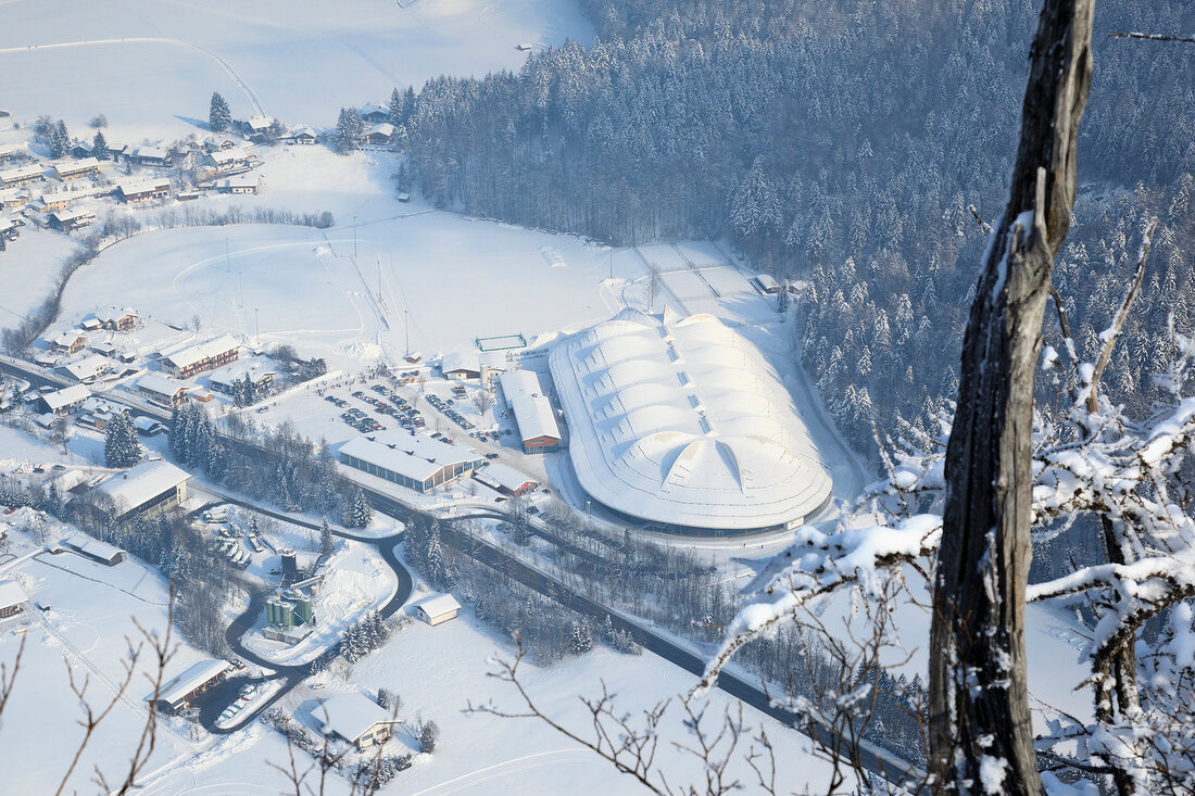 View of Max Aicher Arena in winter in Inzell, Traunstein, Bavaria, Germany