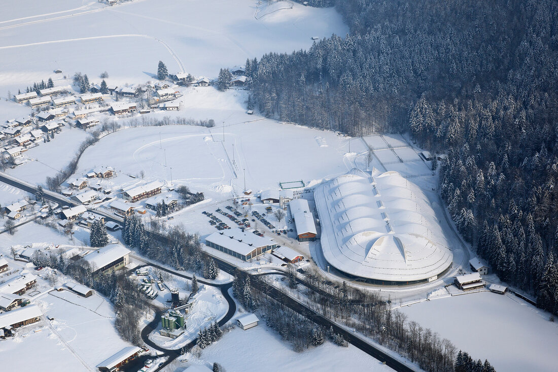 View of Max Aicher Arena in winter in Inzell, Traunstein, Bavaria, Germany