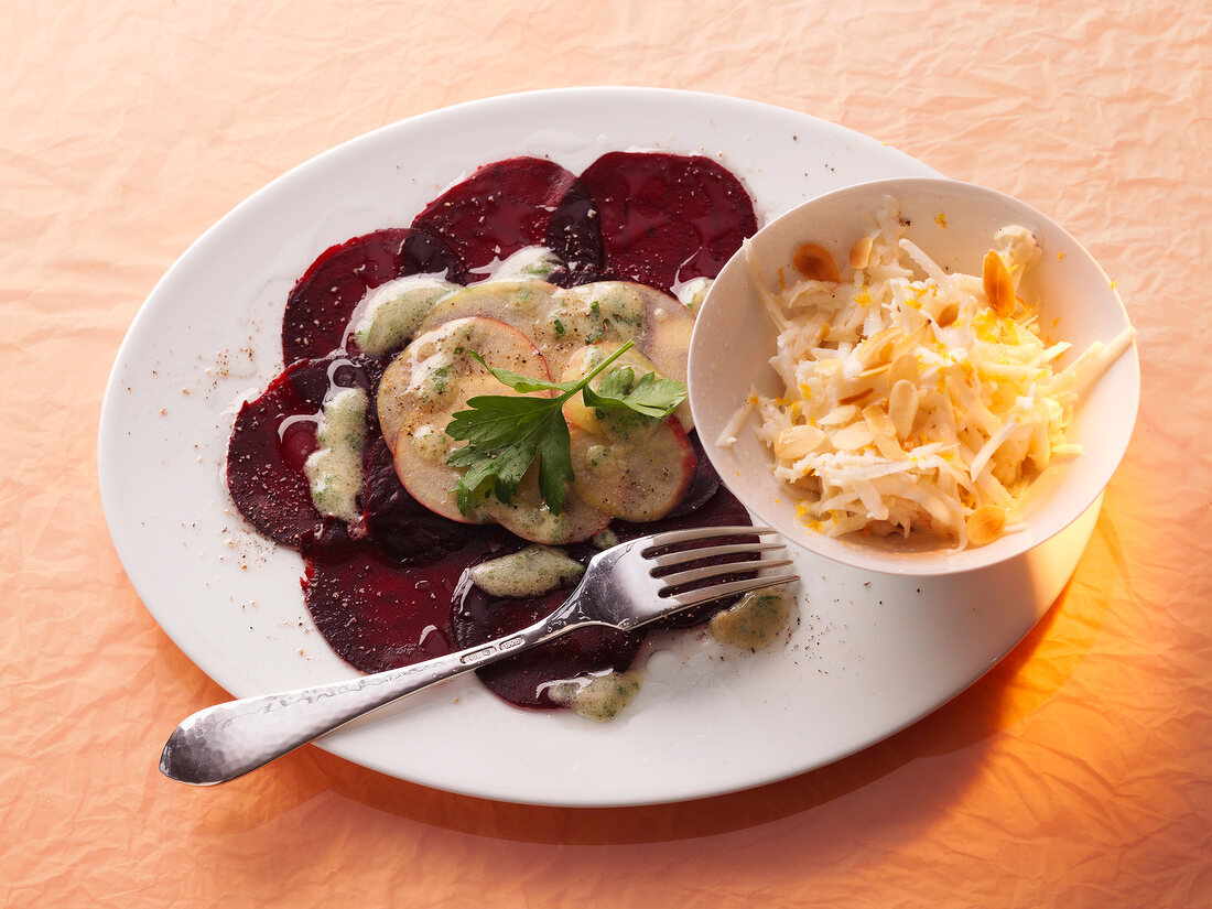 Beetroot and celery crudites platter on plate