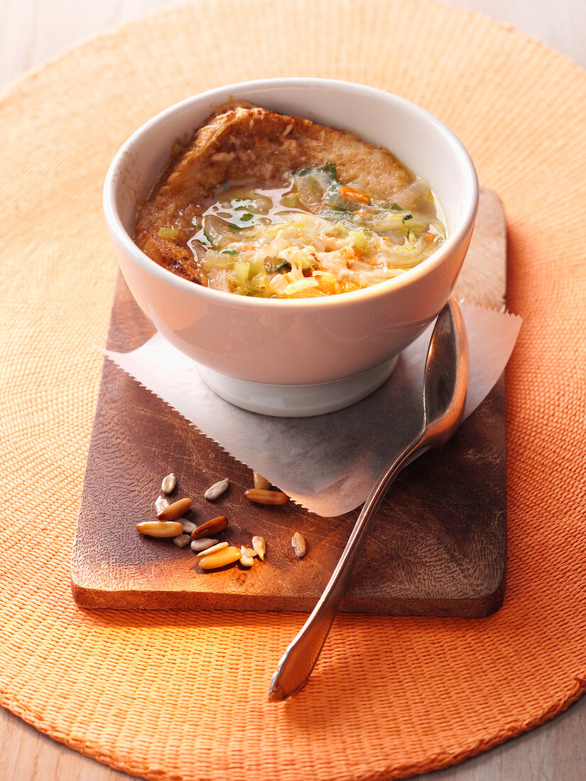 Onion soup in bowl