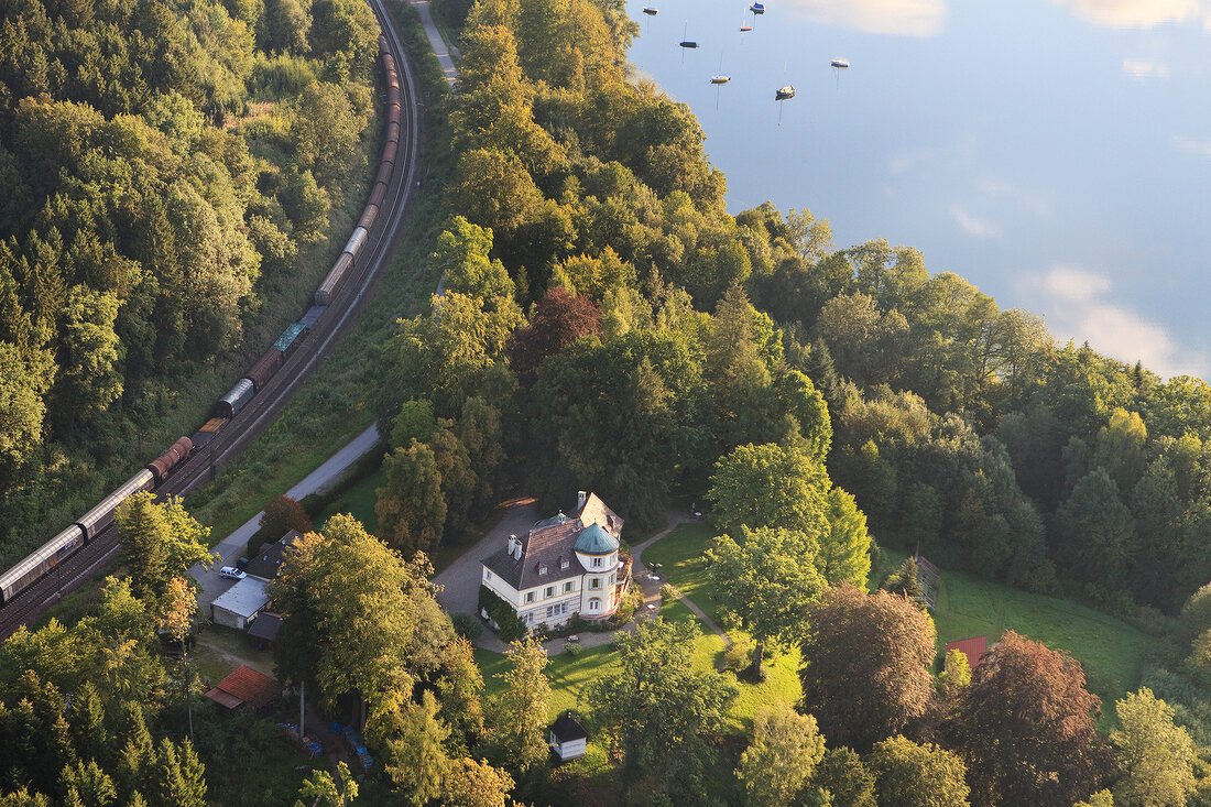 Aerial view of railway track Simssee at Krottenmuhl, Chiemgau, Bavaria, Germany