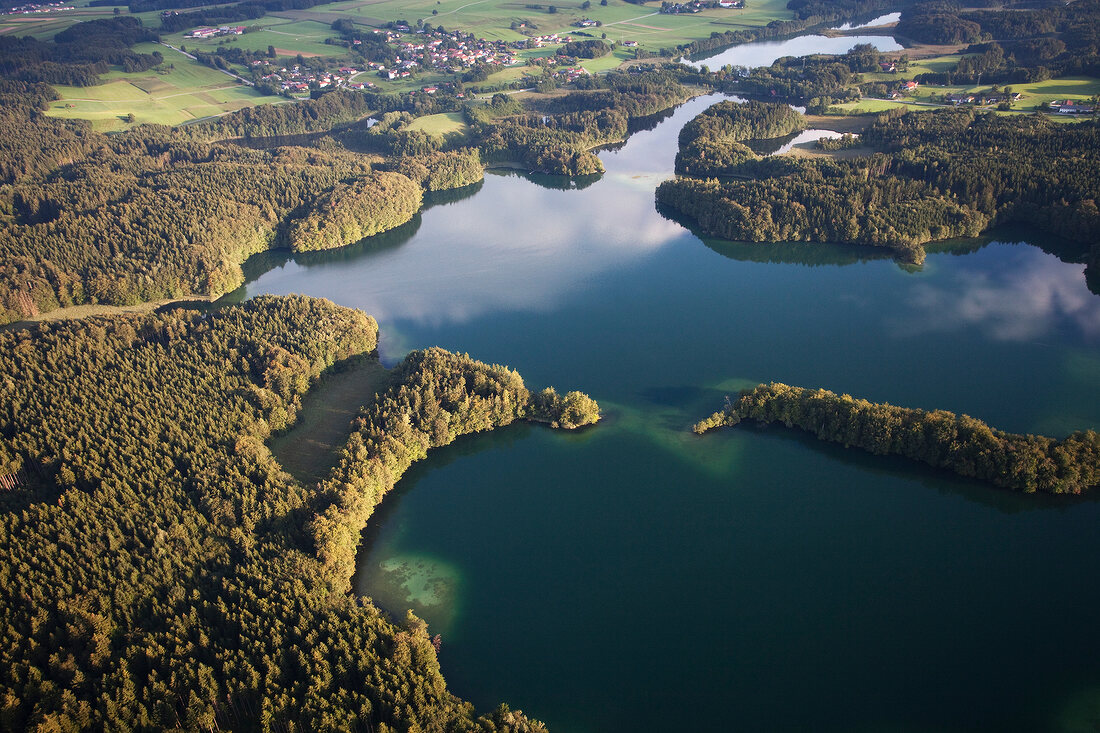 View of castle Hartmannsberg around Eggstatt Hemhofer Lake in Bavaria, Germany