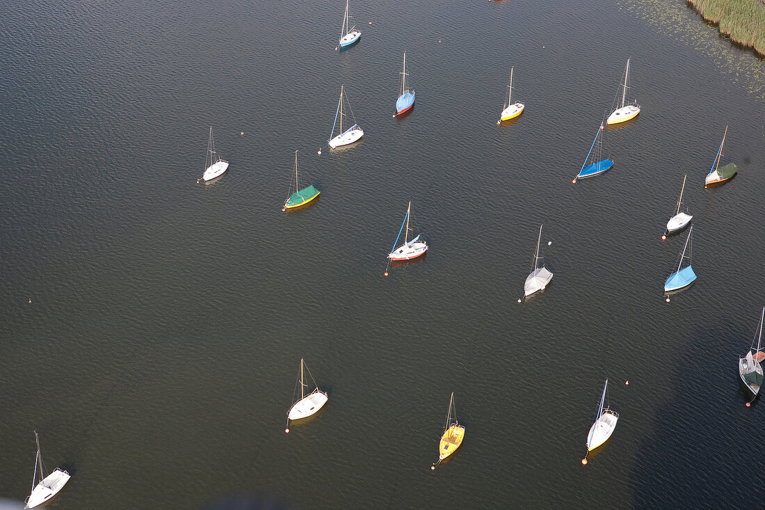 Aerial view of boats at Ecking in Riedering, Chiemgau, Bavaria, Germany
