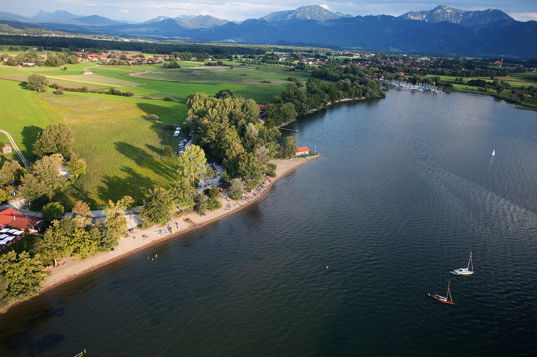 Aerial view of Chiemgau Feldwies with Alps, Chiemgau, Bavaria, Germany