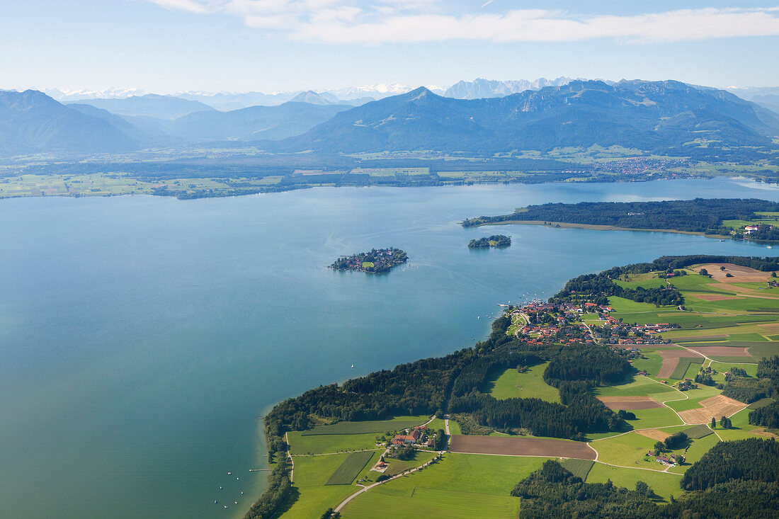 Aerial view of Mrs. Island, Alps, Gstadt and Chiemsee at Chiemgau, Bavaria, Germany